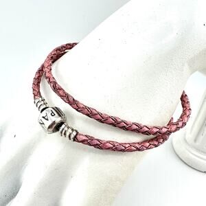 Pandora 925 Sterling Silver Pink Braided Leather Wrap Charm 15” Bracelet